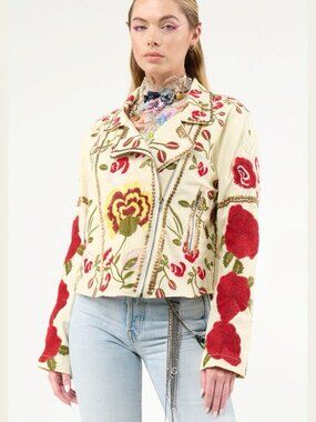 Aratta Biker Style Denim Jacket Boho-Chic Floral Carmen Embroidery Ivory M L XL
